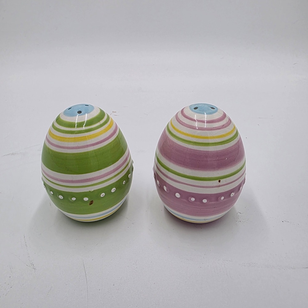 Easter Egg Salt and Pepper Shakers Set Pastel Striped Ceramic Spring Decor 3in